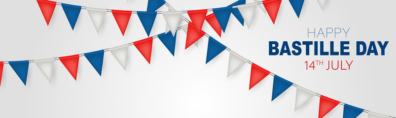 Bastille Day banner or header. July 14th France national holiday celebration. Blue, white, and red tricolor french flag bunting. Vector illustration with lettering.