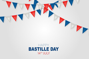Bastille Day. July 14th France national holiday celebration banner or flyer decor. Blue, white, and red french flag bunting. Vector illustration with lettering.
