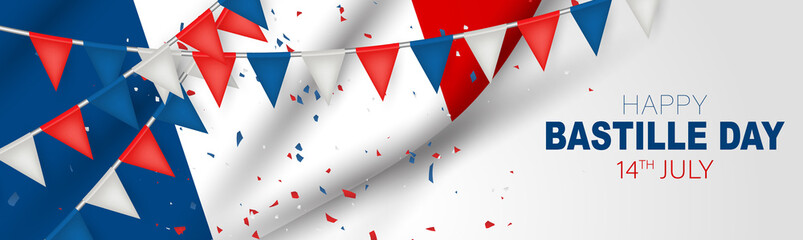 Bastille Day banner or header. July 14th France national holiday celebration. Blue, white, and red tricolor french flag and bunting. Vector illustration with lettering.