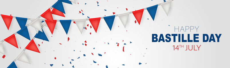 Bastille Day banner or header. July 14th France national holiday celebration. Blue, white, and red tricolor french flag bunting. Vector illustration with lettering.