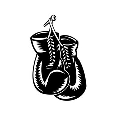 Pair of Boxing Gloves Hanging on Nail Retro Woodcut Black and White