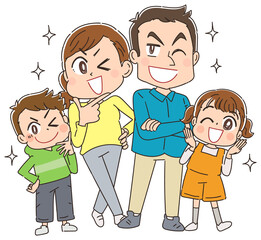 笑顔の家族のコミカルタッチのイラスト