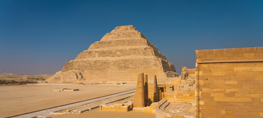 Djoser (Step Pyramid) the first pyramid built in Egypt, Saqqara, Lower Egypt. Panoramic banner portion