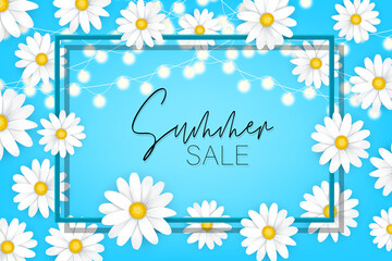 Fototapeta na wymiar Summer sale banner. White daisy flowers on blue background with garland lights and a frame. Realistic vector illustration with lettering.