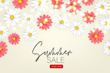 Summer sale banner. Pink and white daisy flowers background with garland lights. Realistic vector illustration with lettering.