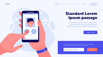 Female hand holding phone with date application. Love, choosing, heart flat vector illustration. Technology and relationship concept for banner, website design or landing web page