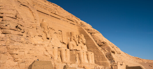 Panoramic view of Abu Simbel temple in Aswan, Upper Egypt. Banner portion