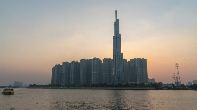 Ho Chi Minh City Saigon VIetnam Skyline Landmark 81 Tower Sunset Time Lapse