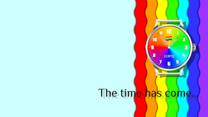 Classic wrist watch with a rainbow dial on a background of a wavy rainbow with shadows. Inscription The time has come. EPS 10
