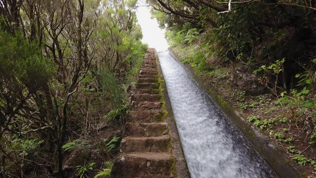 POV of a man climbing stone stairs in Levada do Alecrim, Madeira island