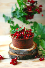 Selective focus. Red currants in a bowl. Red currant leaves. Summer fresh berries.