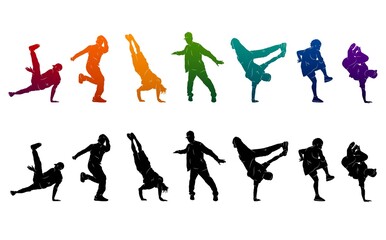 Detailed vector illustration silhouettes of expressive dance colorful group of people dancing. Jazz funk, hip-hop, house. Dancer man jumping on white background. Happy celebration brakedance b boy