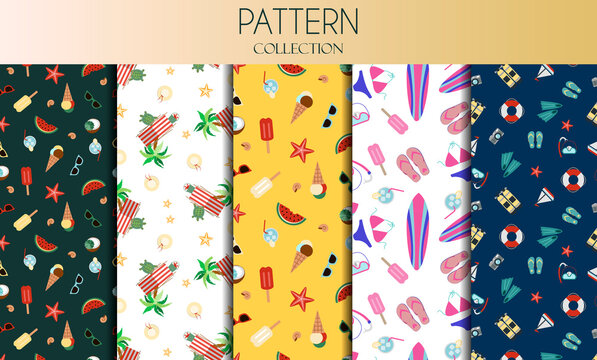 Vector set of seamless patterns with summer accessories a swimsuit, surfboard, flip-flops, a set for snorkeling, diving balloons and cooling drinks. The background is depicted on a notebook and coffee