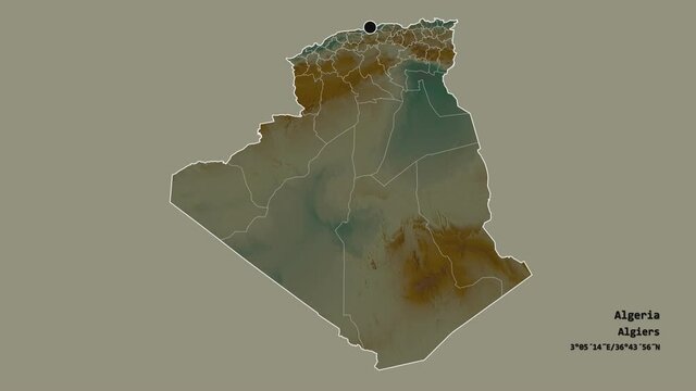 Blida, province of Algeria, with its capital, localized, outlined and zoomed with informative overlays on a relief map in the Stereographic projection. Animation 3D