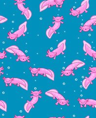 Seamless pattern with axolotl and bubbles. Vector graphics.