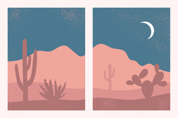Abstract contemporary aesthetic background set. southwestern landscape, desert, mountains, cactuses. Mid century modern minimalist art print. Earth tones, terracotta colors. Boho wall decor. 
