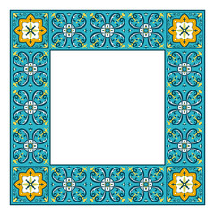 Tile frame vector. Border ceramic pattern. Interior decor ornament design. Mexican talavera, italian sicily majolica, portuguese azulejos, spanish mosaic motifs.