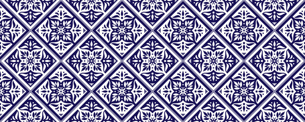 Tile border pattern vector seamless. Ceramic blue indigo ornament texture. Portuguese azulejos, sicily italian majolica, mexican talavera, spanish mosaic, moroccan, damask, delft dutch motifs. - 363172369