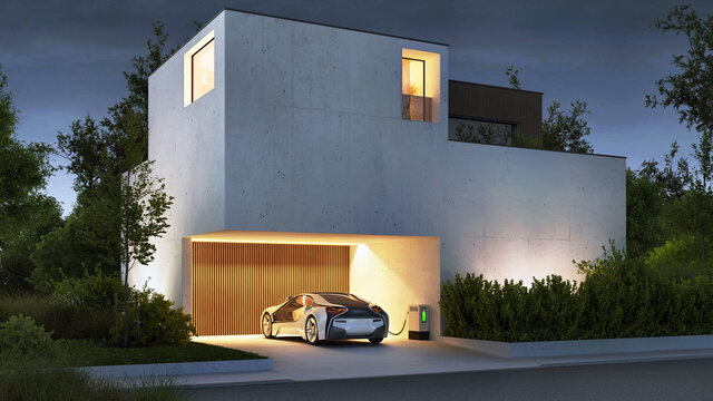 Modern concrete house and electric car
