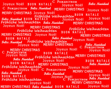 Wallpaper or gift wrap in several languages. Merry christmas written in english, french, spanish, italian and russian.