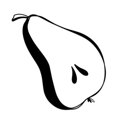 Cute kawaii isolate black pear half lobule with bone. Digital doodle outline art. Print for packaging, tattoo, sticker, brand, social media post, wrapping paper, postcard, coloring pages.