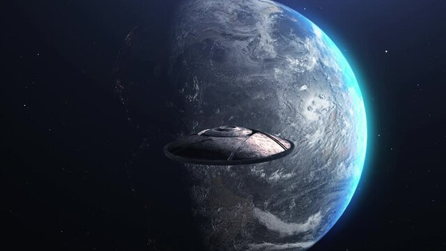 UFO Alien Metalic Saucer Cinematic invasion over earth, 
Metallic Rotating flying saucer space ship Heading toward Planet earth, Invasion Concept- 3D rendering
