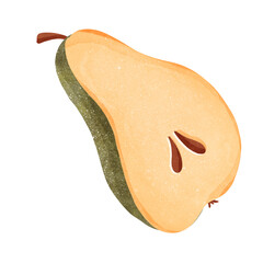 Cute kawaii pear half fruit with pit side view isolate. Flat watercolor digital art. Print for packaging, tattoo, sticker, brand, social media post, wrapping paper, postcard