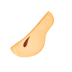 Cute kawaii pear fruit slice with bone side view isolate. Flat watercolor digital art. Print for packaging, tattoo, sticker, brand, social media post, wrapping paper, postcard