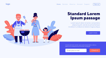 Family with kids grilling barbecue meat outdoors. Picnic, children, parents flat vector illustration. Leisure, summer, food concept for banner, website design or landing web page