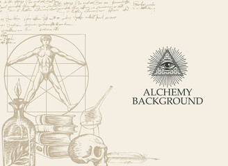 Alchemy background. Vintage artistic illustration on alchemical theme with scribbles imitating handwritten text, hand-drawn sketches and place for text on the old paper background