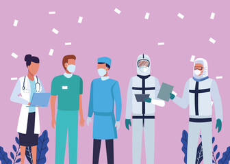 group of doctors wearing medical masks characters