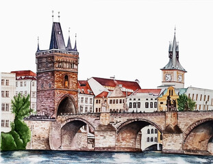 Watercolor illustration of the Charles Bridge and a view of the ancient architecture in Prague.