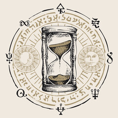 Hand-drawn hourglass with running sand inside in retro style. Vector banner with a sand clock, esoteric and magic symbols written in a circle. Glass timer. Time and caducity of life concept.