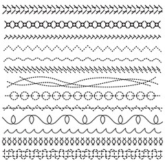 Different black stitch lines and seams set. Modern abstract sewing pattern, thread border vector illustration collection. Embroidery and design concept