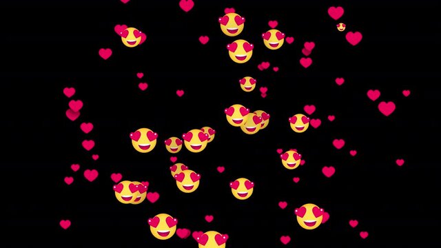 Red hearts moves on transparent background png(Alpha Channel). Funny animated banner for social media. Smiling comment. Wow emoji face with heart shaped big eyes. I love you/am in love/crazy about you