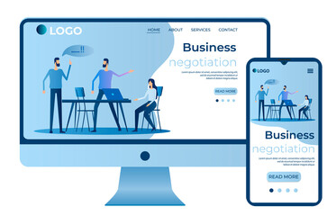 Business negotiation.Planning and solving tasks.People at the Desk .Site template, landing page concept.The adaptive design.The screen of the smartphone and the computer.Vector illustration.