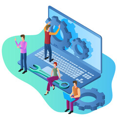 Operating system maintenance.The modern concept of maintenance of operating systems for web design. Communication technology.Business concept.Isometric vector image.
