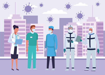 group of doctors wearing medical masks on the city