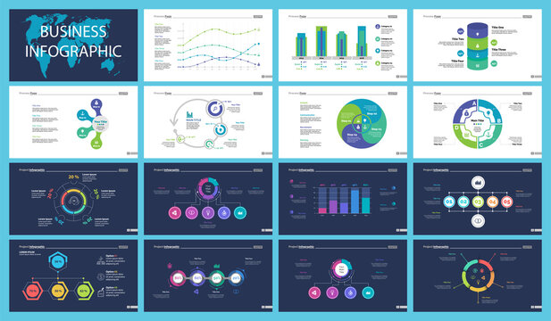 Business infographic design set can be used for workflow layout, presentation, annual report, web design. Marketing concept. Line chart, bar graph, comparison diagram, donut chart, process chart