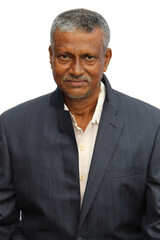 Senior Indian man cropped portrait view with happy or smiling expression on white background.