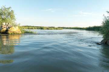 Channel landscape with waves in Danube Delta,  Romania,  on summer day