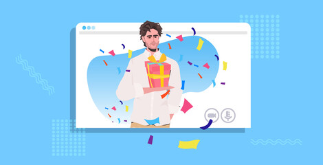 man celebrating online party guy in web browser window holding gift box celebration concept portrait horizontal vector illustration