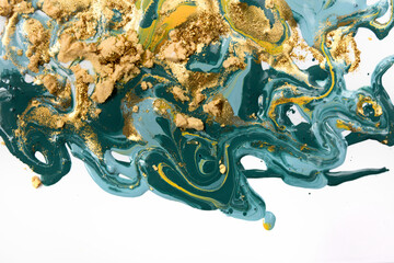 Gold and blue mixed inks splattered on white paper background.