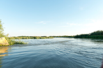 Channel landscape with waves in Danube Delta,  Romania,  on summer day