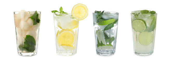 Set of different refreshing drinks on white background. Banner design