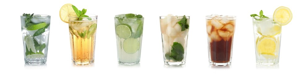 Set of different refreshing drinks on white background. Banner design