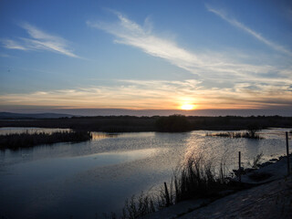 Breathtaking sunset in Danube Delta,  Romania,  in a summer day