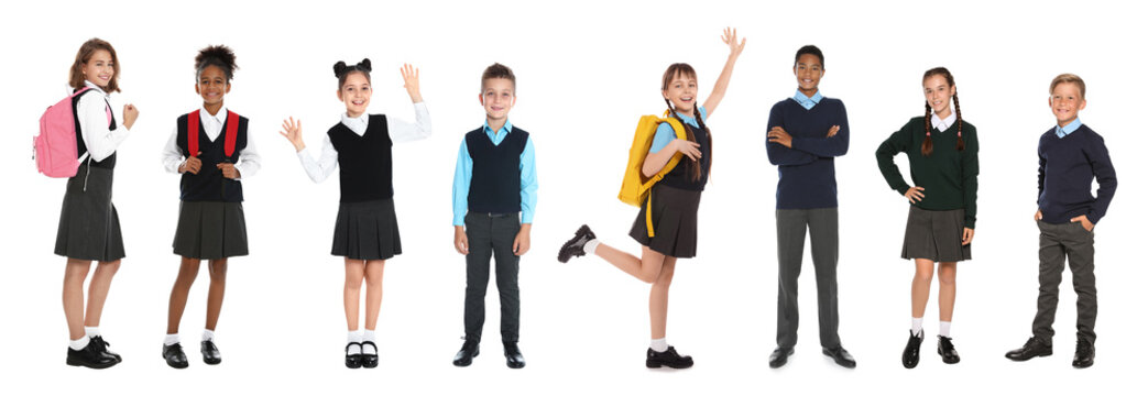 Children in school uniforms on white background. Banner design