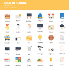 Back to school icon set. Back to school flat icon set. Icon for website, application, print, poster design, etc. Vector illustration.