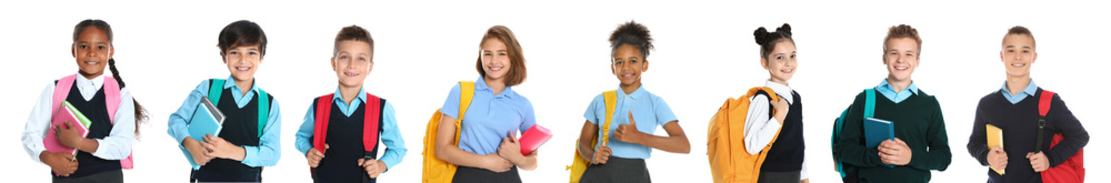 Children In School Uniforms On White Background. Banner Design